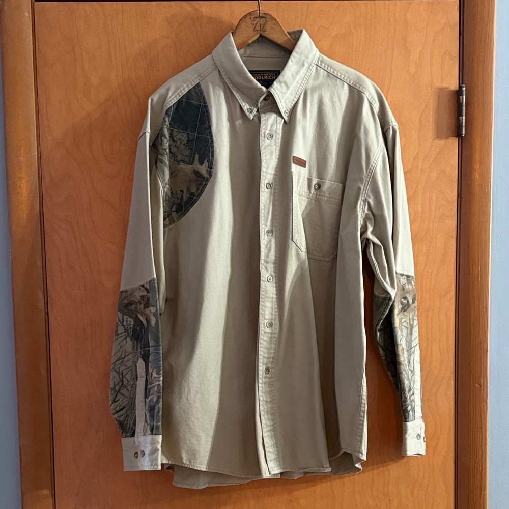 Woolrich Men's Beige and Camouflage Button Down Shirt